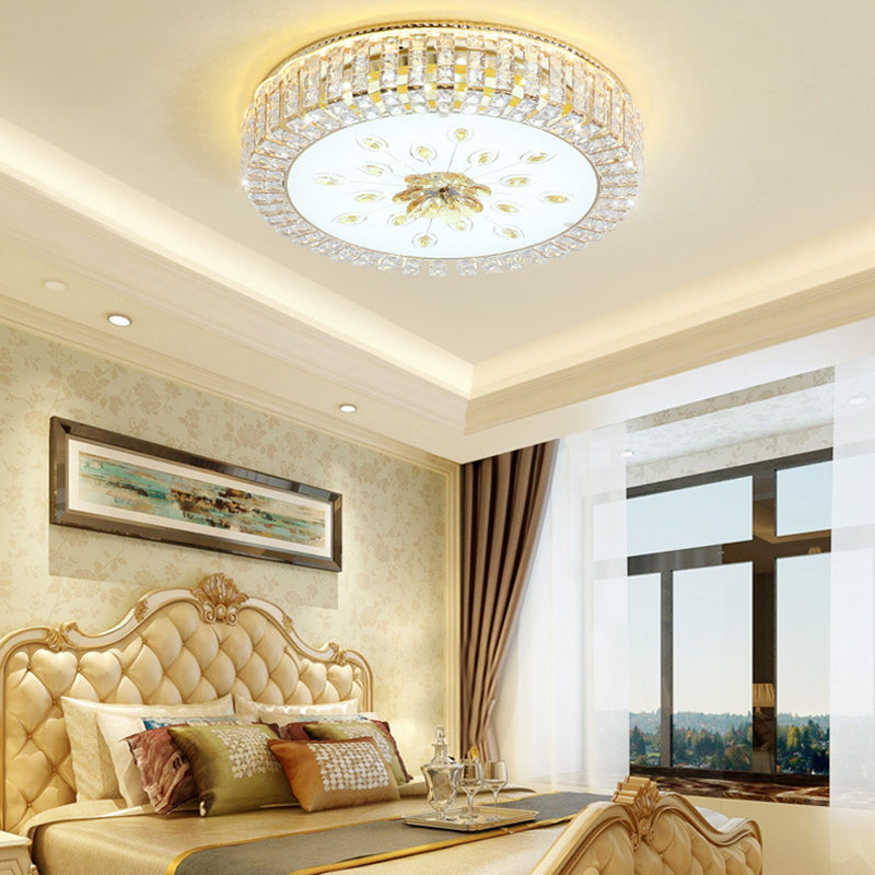 Led Crystal Flush Mount Fixture With Gold Finish For Modern Bedroom