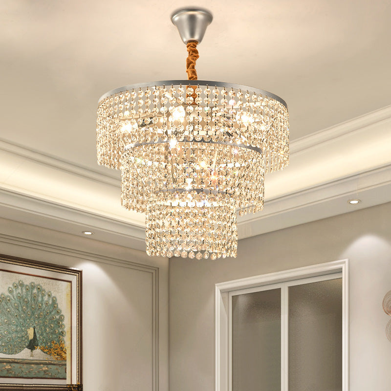 Contemporary Chrome Tiered Chandelier With Clear Crystal - 4/5/6 Lights 12’/16’/21.5’ Wide