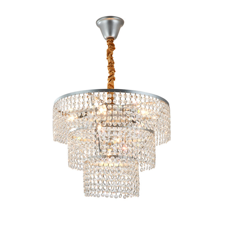 Contemporary Chrome Tiered Chandelier With Clear Crystal - 4/5/6 Lights 12’/16’/21.5’ Wide