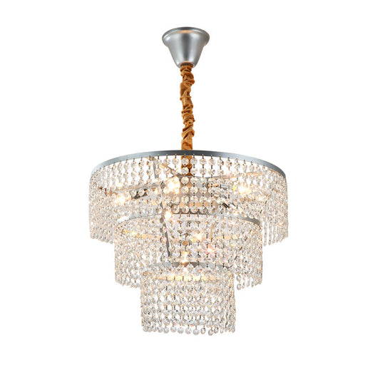 Contemporary Chrome Tiered Chandelier With Clear Crystal - 4/5/6 Lights 12’/16’/21.5’ Wide