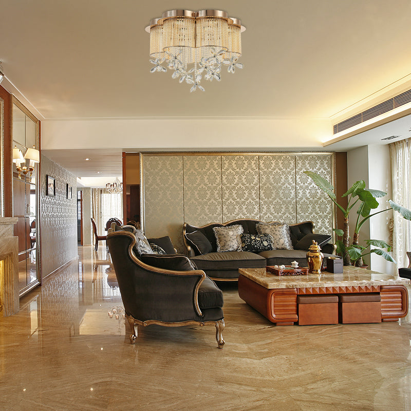 Modern Gold Flower Shade Flushmount Led Pendant Light With Clear Crystal Accents 19.5’/23.5’ Wide