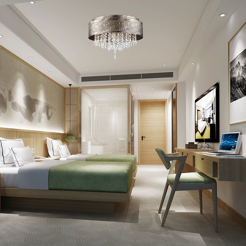 Antique Style Bronze Drum Flush Lamp With Crystal Accent 5/9 Light Iron Mount Ceiling -