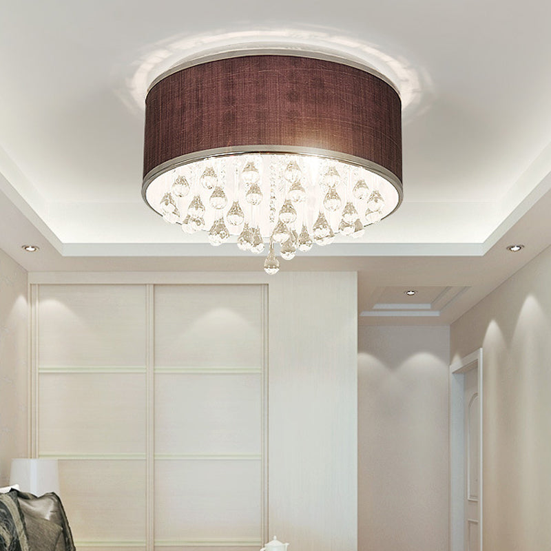 Contemporary Black Drum Flush Pendant Light With Clear Teardrop Crystal Accent - 6/8 Lights