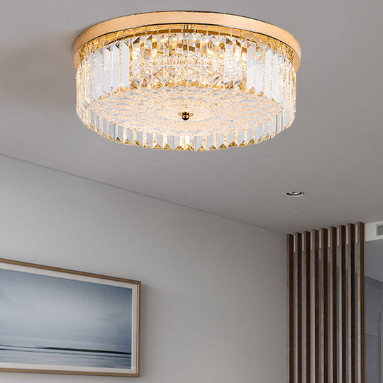 Modernist Metal Flush Mount Lamp With Led Drum Shade And Crystal Prism In Gold Finish - 14’/18’