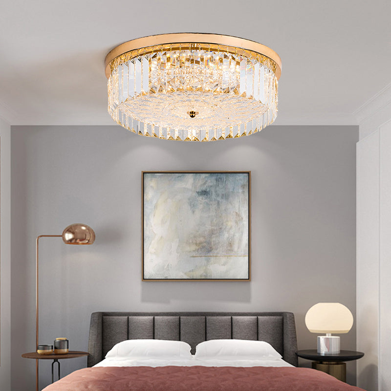 Modernist Metal Flush Mount Lamp With Led Drum Shade And Crystal Prism In Gold Finish - 14’/18’ Wide