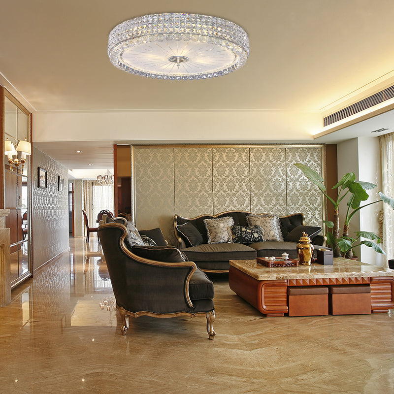 Contemporary Clear Crystal Multi-Head Flush Mount Ceiling Light In Chrome - 16’/19.5’ W Drum