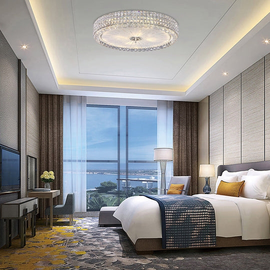 Contemporary Clear Crystal Multi-Head Flush Mount Ceiling Light In Chrome - 16’/19.5’ W Drum Lamp