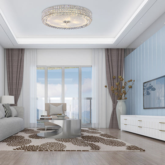 Contemporary Clear Crystal Multi-Head Flush Mount Ceiling Light In Chrome - 16’/19.5’ W Drum Lamp