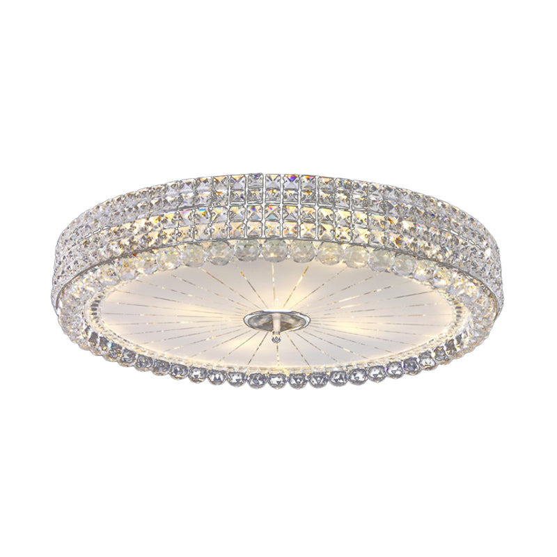 Contemporary Clear Crystal Multi-Head Flush Mount Ceiling Light In Chrome - 16’/19.5’ W Drum Lamp