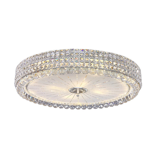 Contemporary Clear Crystal Multi-Head Flush Mount Ceiling Light In Chrome - 16’/19.5’ W Drum Lamp