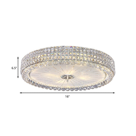 Contemporary Clear Crystal Multi-Head Flush Mount Ceiling Light In Chrome - 16/19.5 W Drum Lamp
