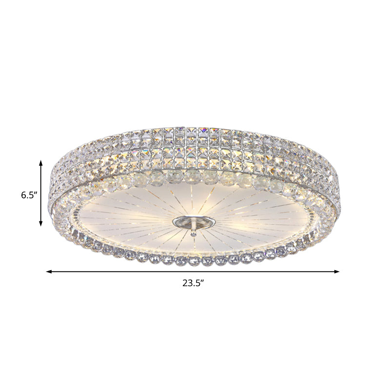 Contemporary Clear Crystal Multi-Head Flush Mount Ceiling Light In Chrome - 16’/19.5’ W Drum Lamp