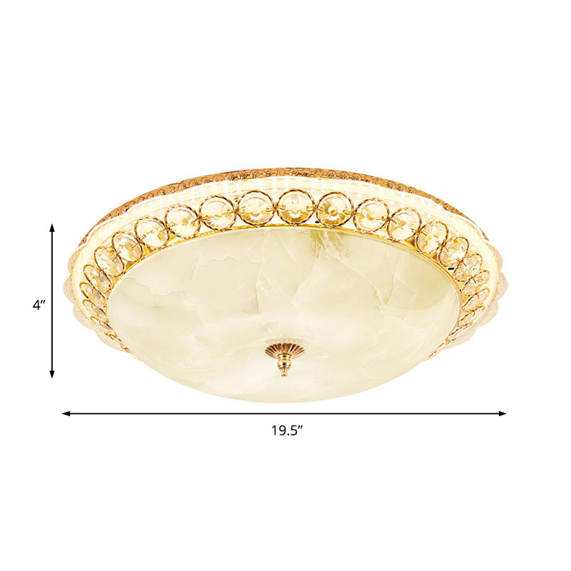 Modern Led Flush Ceiling Light With Textured Glass Bowl Crystal Accent In Gold - 12’/16’ Wide