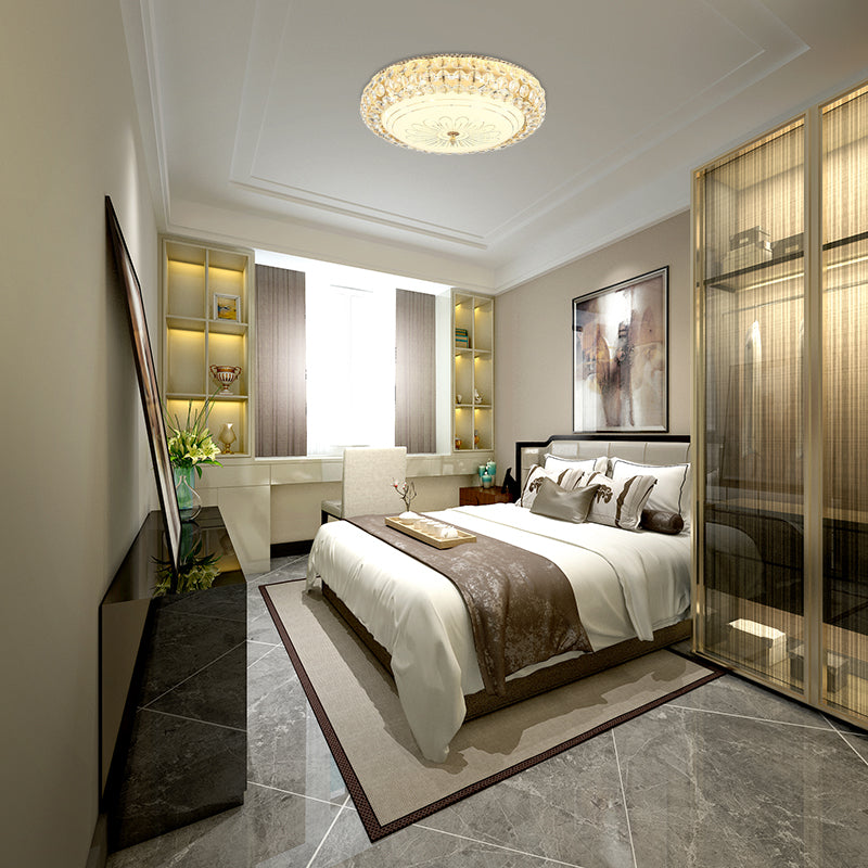 Contemporary Frosted Glass Led Ceiling Light With K9 Crystal In Gold - 12’/16’ Wide / 12’