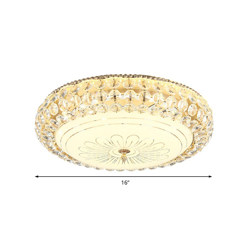 Contemporary Frosted Glass Led Ceiling Light With K9 Crystal In Gold - 12’/16’ Wide