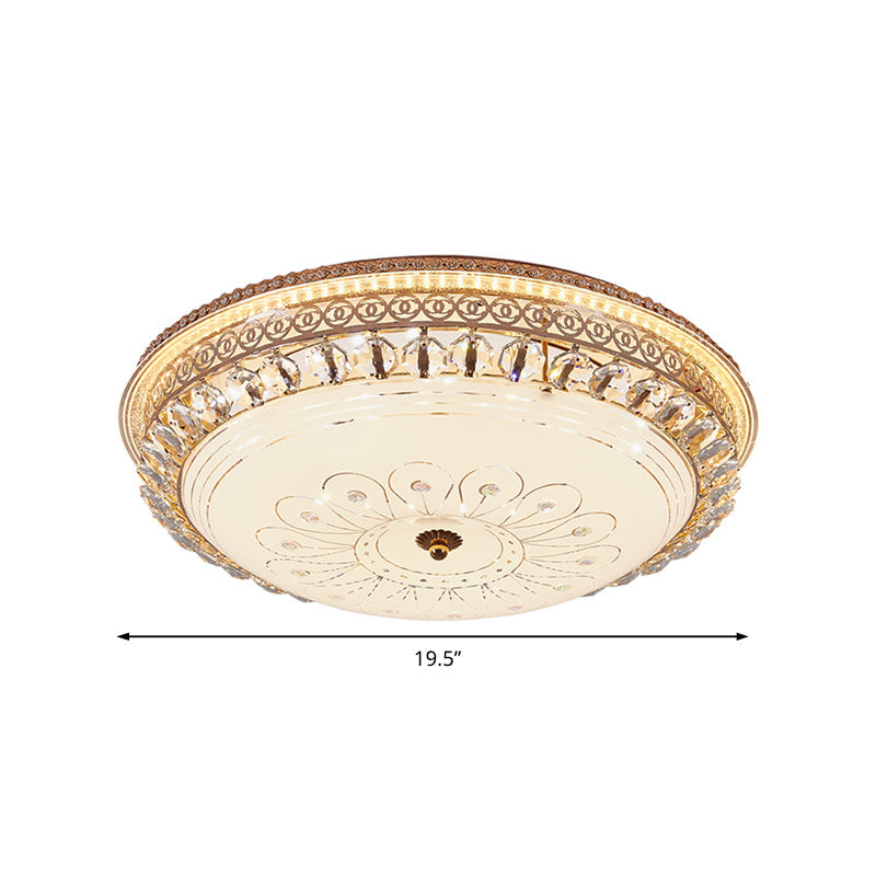 Modern Gold Flush Mount Ceiling Light With Opal Glass Led And Crystal Accent - 16’/19.5’ W