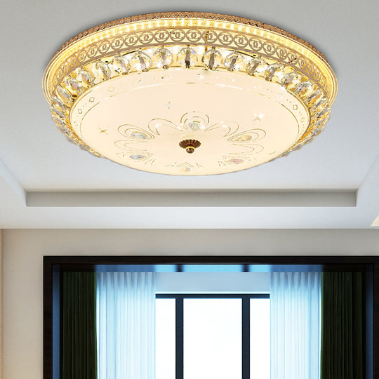 Modern Gold Flush Mount Ceiling Light With Opal Glass Led And Crystal Accent - 16’/19.5’ W