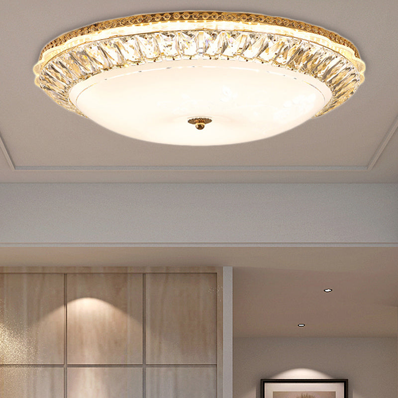 Contemporary Led Flush Mount Ceiling Light With Opal Glass Bowl And Crystal Accents - 12’/16’