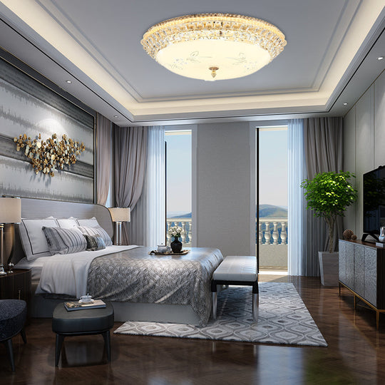 Modernist White Glass And Clear Crystal Led Flush Pendant Light For Bedroom - 12’/16’ Diameter / 12’