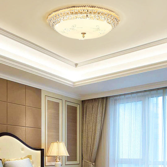 Modernist White Glass And Clear Crystal Led Flush Pendant Light For Bedroom - 12’/16’ Diameter