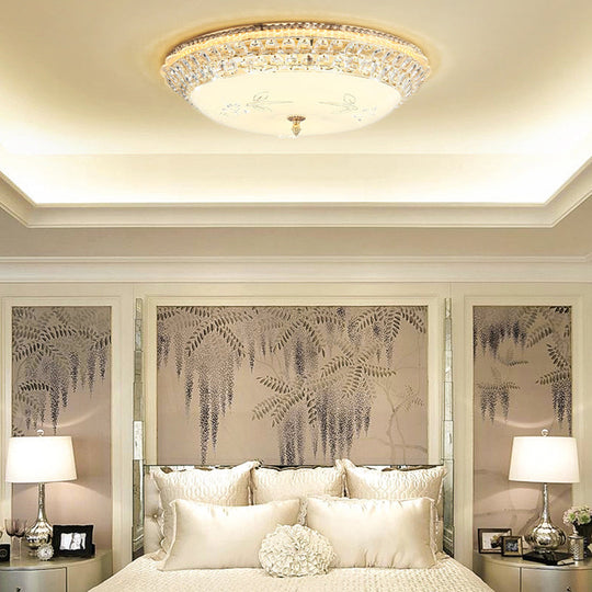 Modernist White Glass And Clear Crystal Led Flush Pendant Light For Bedroom - 12’/16’ Diameter