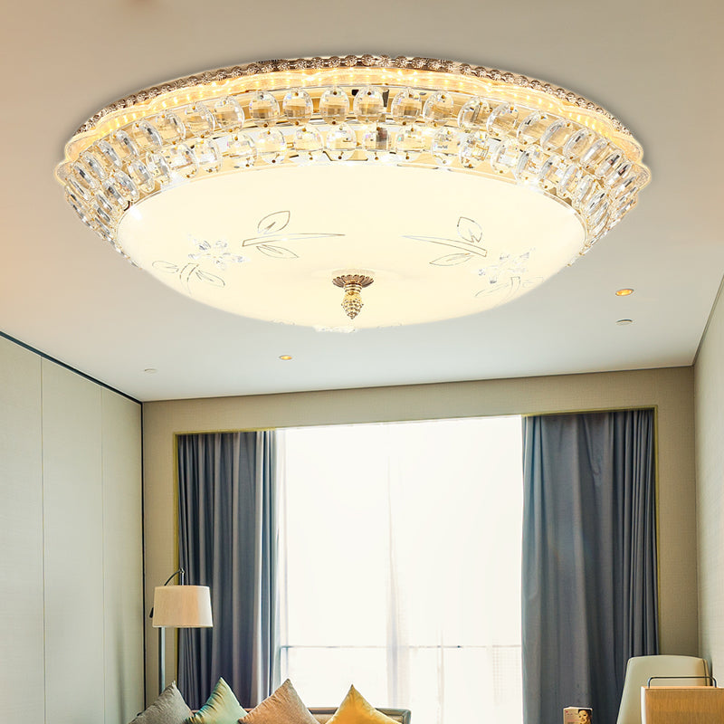 Modernist White Glass And Clear Crystal Led Flush Pendant Light For Bedroom - 12’/16’ Diameter