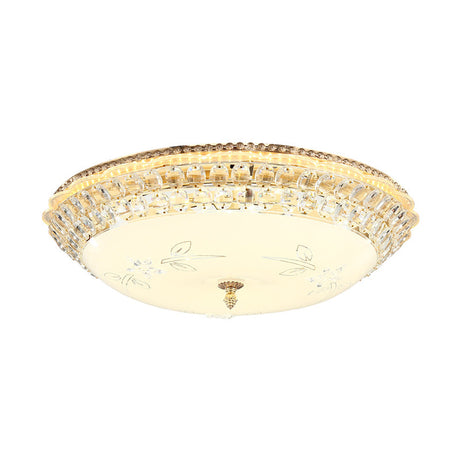 Modernist White Glass And Clear Crystal Led Flush Pendant Light For Bedroom - 12/16 Diameter