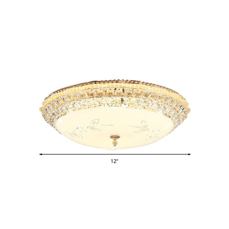 Modernist White Glass And Clear Crystal Led Flush Pendant Light For Bedroom - 12/16 Diameter