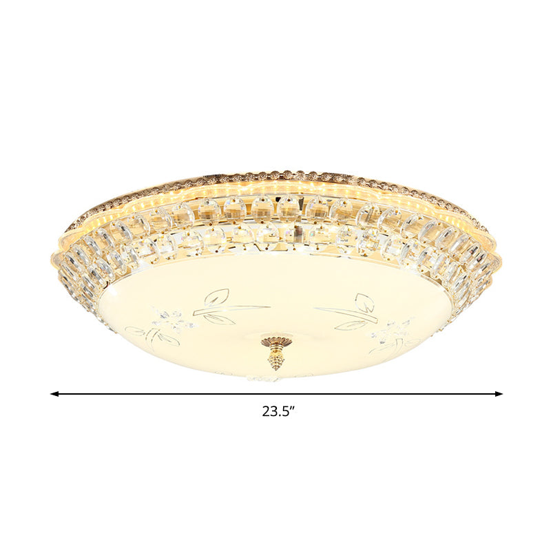 Modernist White Glass And Clear Crystal Led Flush Pendant Light For Bedroom - 12/16 Diameter
