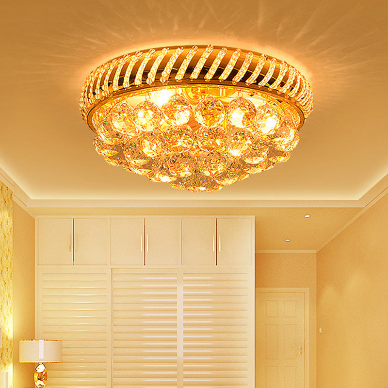 Modern Gold Flush Mount Chandelier With Crystal Ball & Round Shade - 14/18 W 3/4/5 Heads / 18