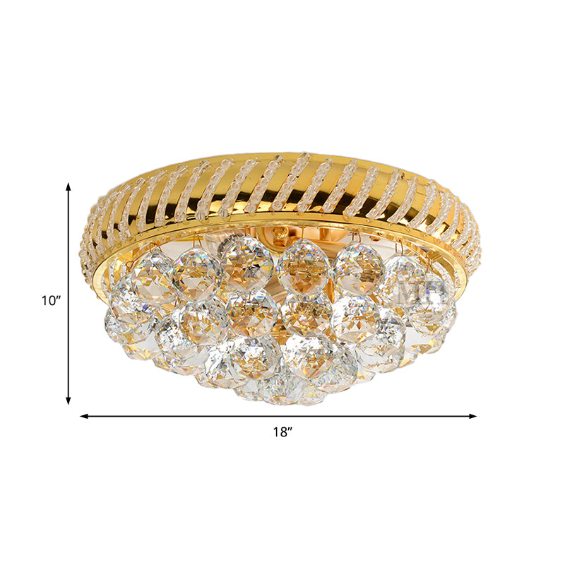 Modern Gold Flush Mount Chandelier With Crystal Ball & Round Shade - 14/18 W 3/4/5 Heads