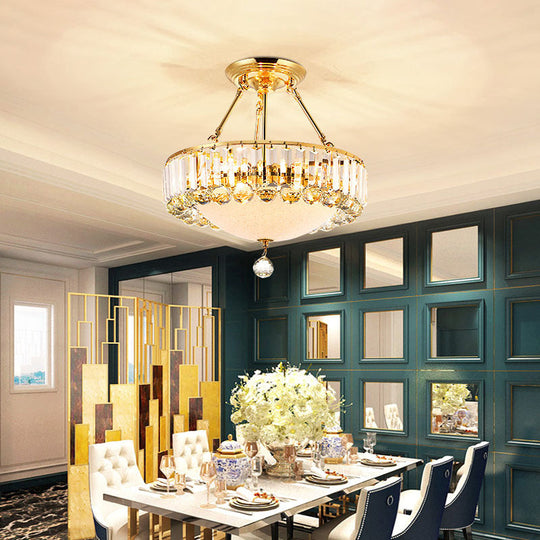 Vintage Gold Drum Semi Mount Lighting With Crystal Accents And Milk Glass Diffuser / 16.5’