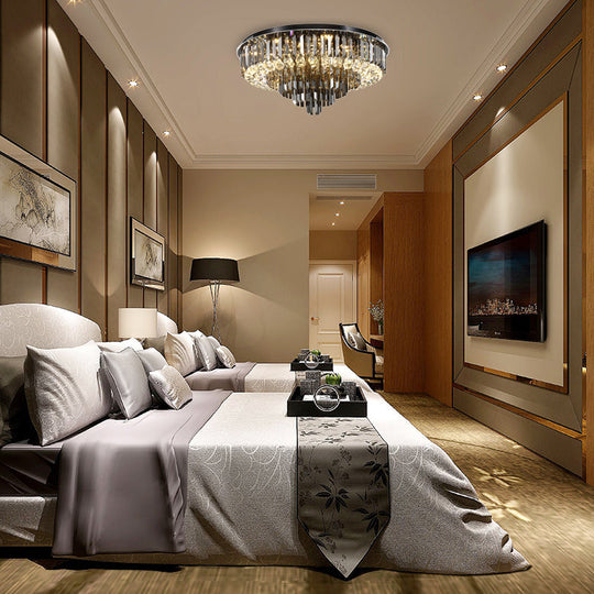 Modern Crystal Led Bedroom Ceiling Light - Smoke Gray Layered Flush - Mount Fixture 19.5’/23.5’ Wide