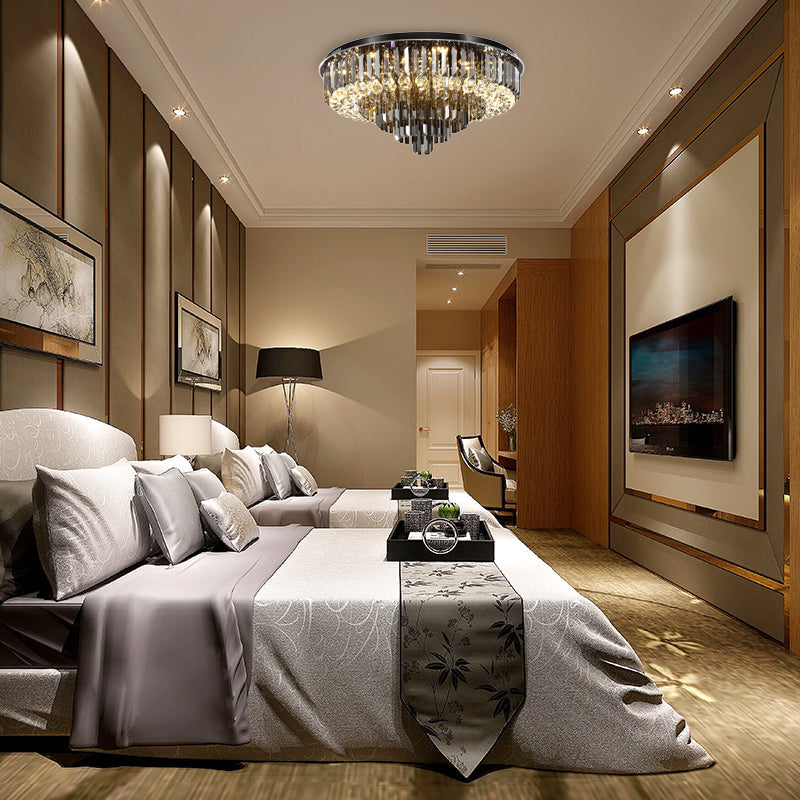 Modern Crystal Led Bedroom Ceiling Light - Smoke Gray Layered Flush-Mount Fixture 19.5/23.5 Wide