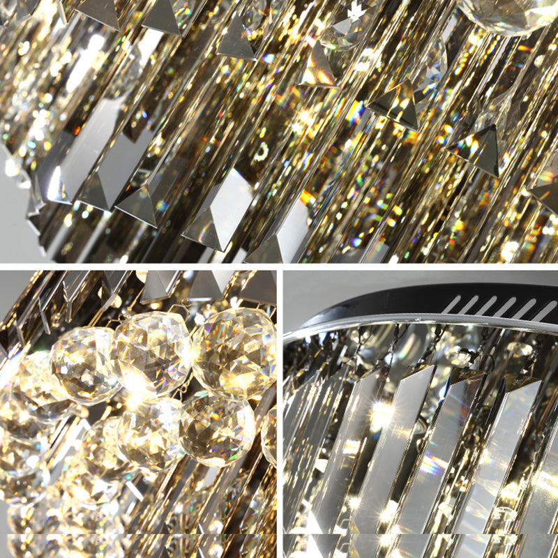 Modern Crystal Led Bedroom Ceiling Light - Smoke Gray Layered Flush - Mount Fixture 19.5’/23.5’ Wide