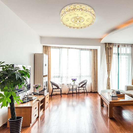 Vintage Led Flush Mount Ceiling Lamp With Etched Design Clear Crystal Accents And White Glass Circle