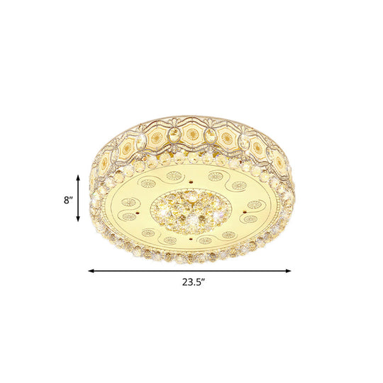 Vintage Led Flush Mount Ceiling Lamp With Etched Design Clear Crystal Accents And White Glass Circle