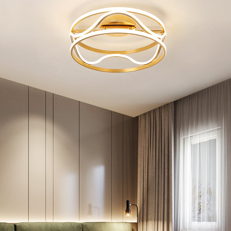Modern Metal Gold Drum Flush Mount Ceiling Light – Led Fixture For Bedroom Warm/White