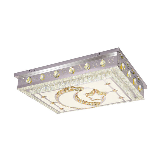 Modern Led Crystal Rectangle Flush Pendant Light With Star And Moon Pattern In Silver - Mount