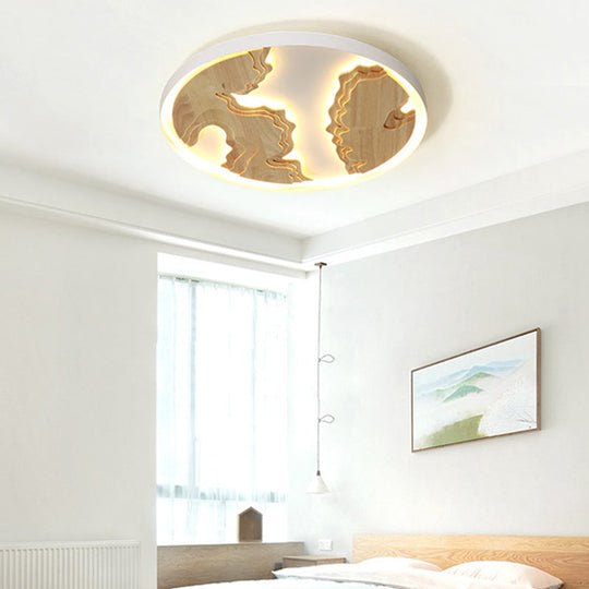 Contemporary Wood Gold/White Round Led Flush Mount Lamp For Living Room Ceiling -