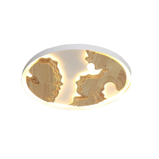 Contemporary Wood Gold/White Round Led Flush Mount Lamp For Living Room Ceiling -