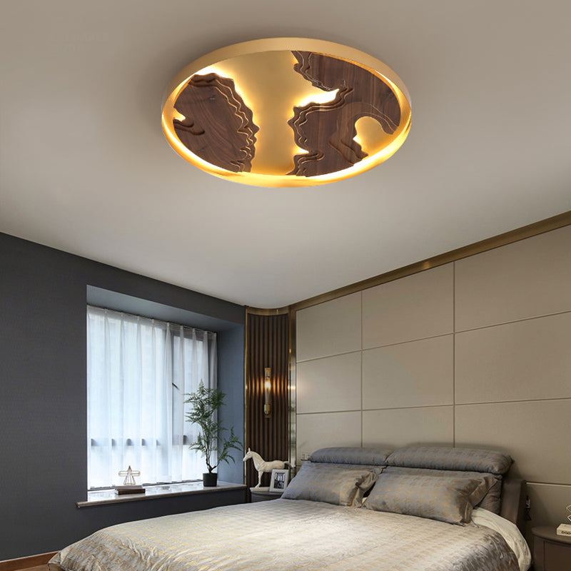 Contemporary Wood Gold/White Round Led Flush Mount Lamp For Living Room Ceiling - 16/19.5/23.5