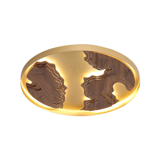 Contemporary Wood Gold/White Round Led Flush Mount Lamp For Living Room Ceiling -