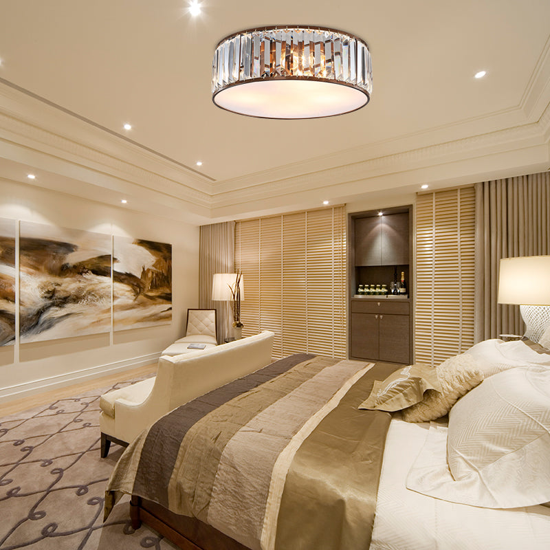 Modern Black/Bronze Flush Mount Bedroom Drum Light With Crystal Block - 12.5’/16.5’ Width