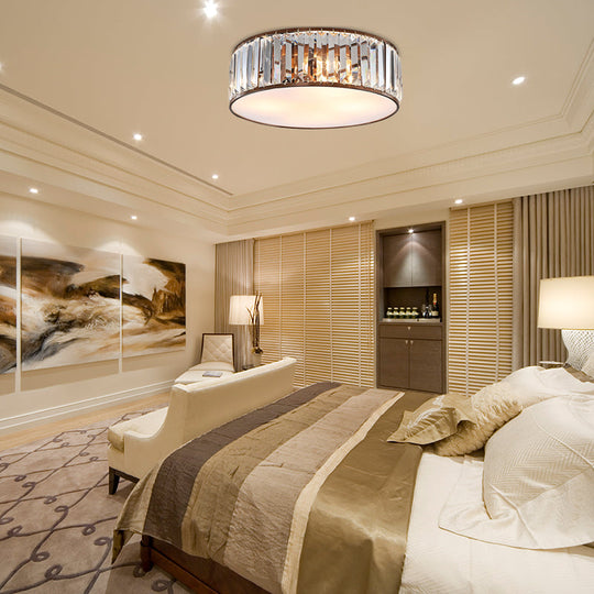 Modern Black/Bronze Flush Mount Bedroom Drum Light With Crystal Block - 12.5/16.5 Width