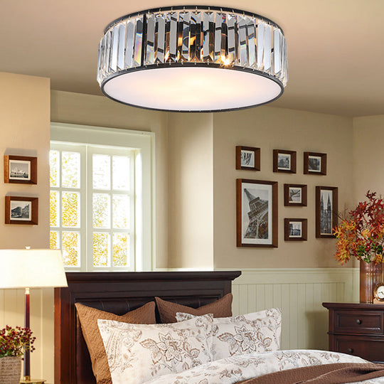 Modern Black/Bronze Flush Mount Bedroom Drum Light With Crystal Block - 12.5/16.5 Width