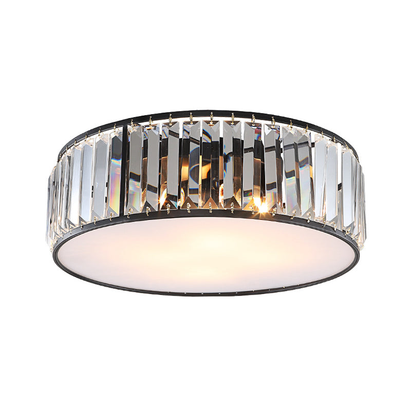 Modern Black/Bronze Flush Mount Bedroom Drum Light With Crystal Block - 12.5/16.5 Width