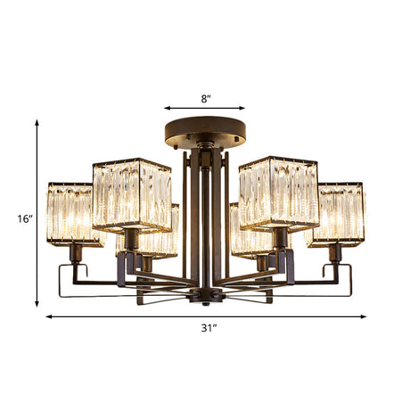 Vintage Style Black Square Metal Ceiling Light Fixture With Crystal Prism - 4/6/8 Lights Ideal For