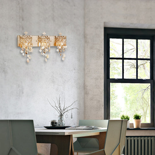 Modern Linear Wall Mount Lamp With Pearl Deco In Gold Shell And Crystal Sconce Light Fixture