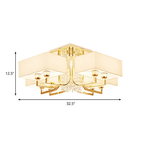 Contemporary Rectangle White Ceiling Light With Crystal Deco - Fabric And Metal Semi Mount Lighting